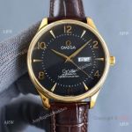 Copy Omega DeVille Citizen Automatic Watches Yellow Gold Brown Leather Strap